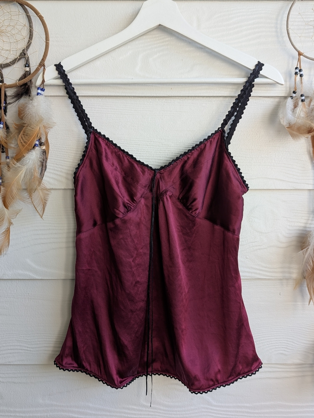 Express Wine Red Burgundy Silk Cami with Black Lace Trim XS